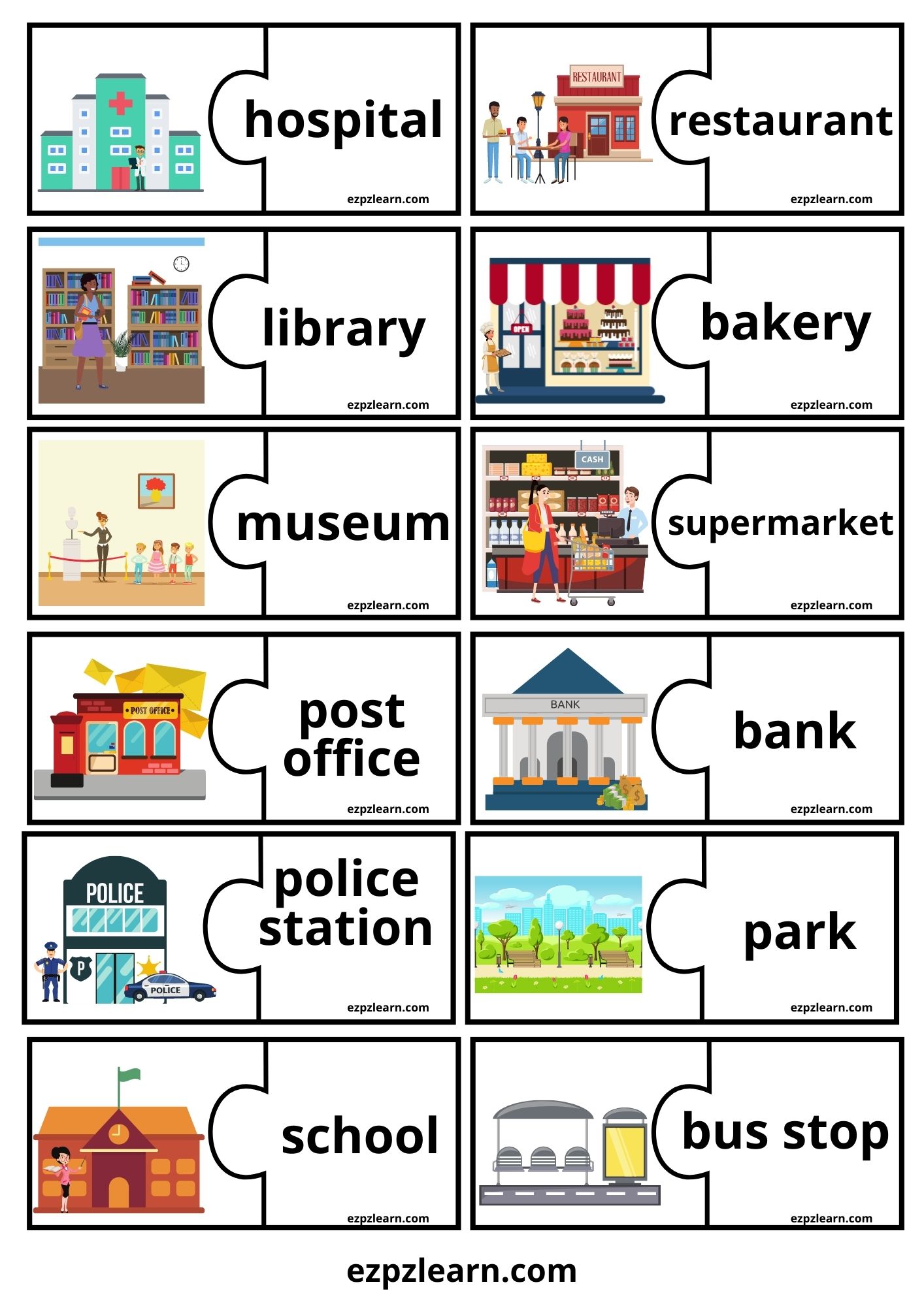 Places in the City Word Match Game Ezpzlearn